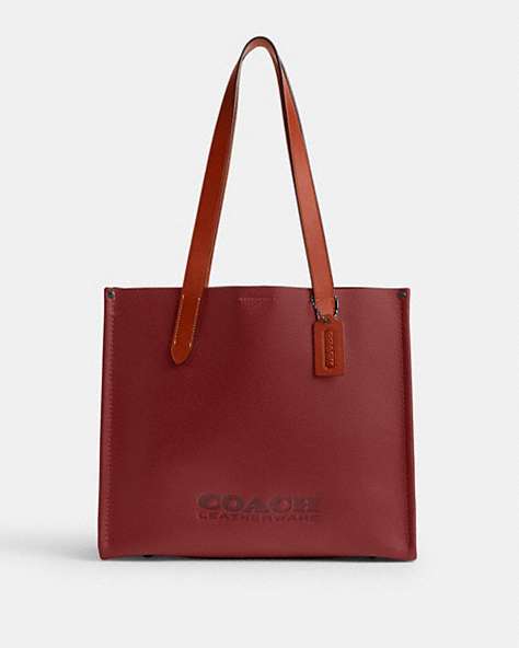 COACH®,RELAY TOTE BAG 34,Polished Pebble Leather,Medium,Ruby Red,Front View