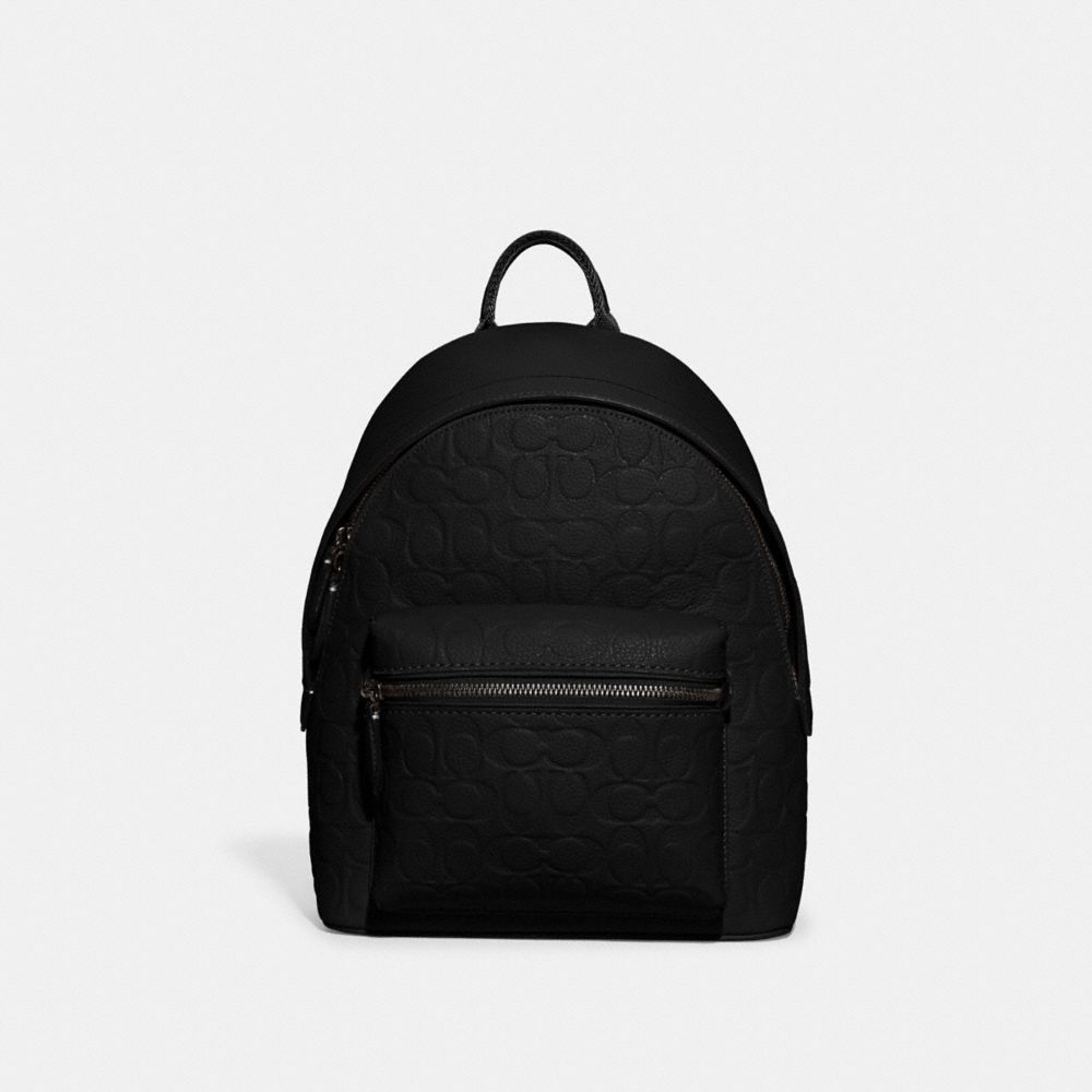 COACH®,CHARTER BACKPACK 24 IN SIGNATURE LEATHER,Medium,Black,Front View image number 0