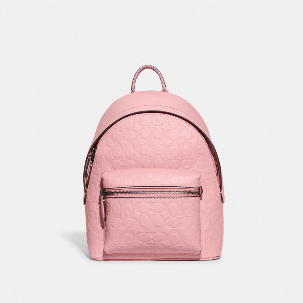 COACH®,CHARTER BACKPACK 24 IN SIGNATURE LEATHER,Medium,Bubblegum,Front View image number 0