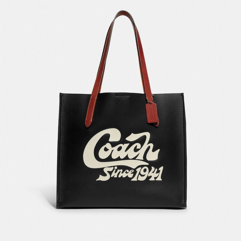 COACH®,RELAY TOTE BAG WITH COACH GRAPHIC,Polished Pebble Leather,Large,Black,Front View