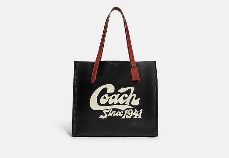 COACH®,RELAY TOTE WITH COACH GRAPHIC,Polished Pebble Leather,X-Large,Black,Front View image number 0