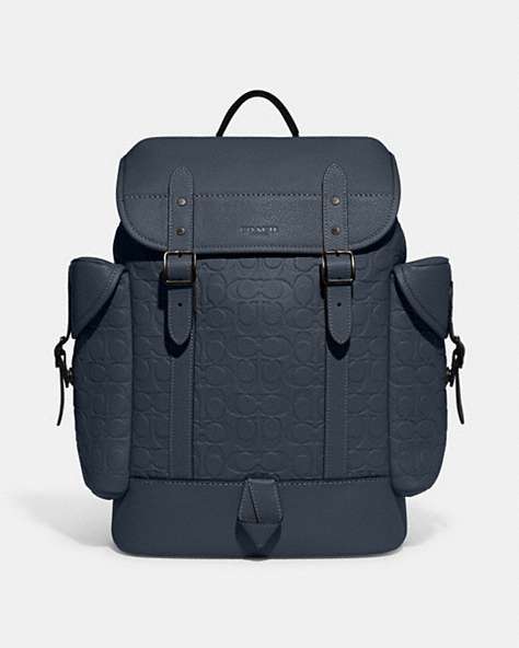 COACH®,HITCH BACKPACK IN SIGNATURE LEATHER,Polished Pebble Leather,Denim,Front View