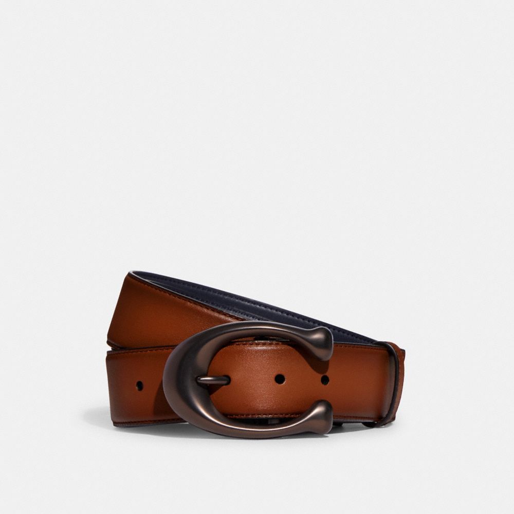 COACH®,SIGNATURE BUCKLE CUT-TO-SIZE REVERSIBLE BELT, 38MM,Saddle/Midnight,Front View image number 0