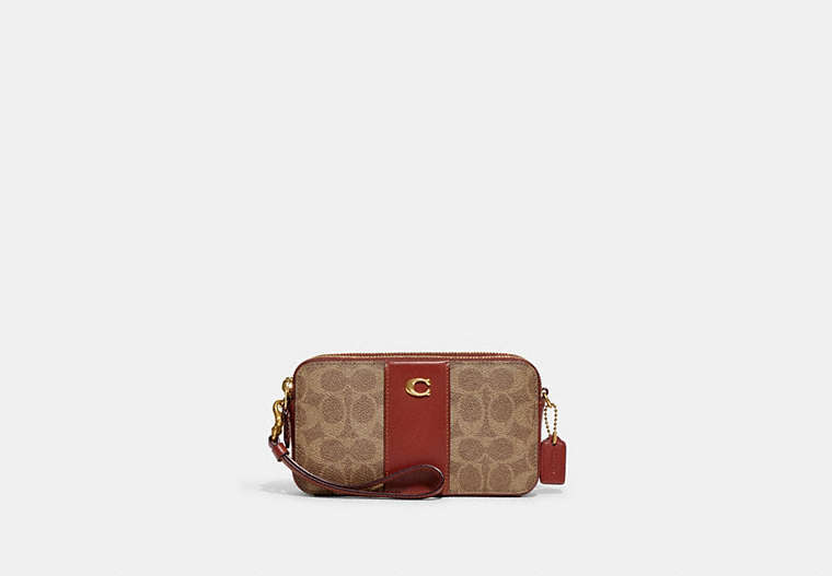 COACH®,KIRA CROSSBODY IN COLORBLOCK SIGNATURE CANVAS,Refined Calf Leather,Mini,Brass/Tan/Rust,Front View image number 0