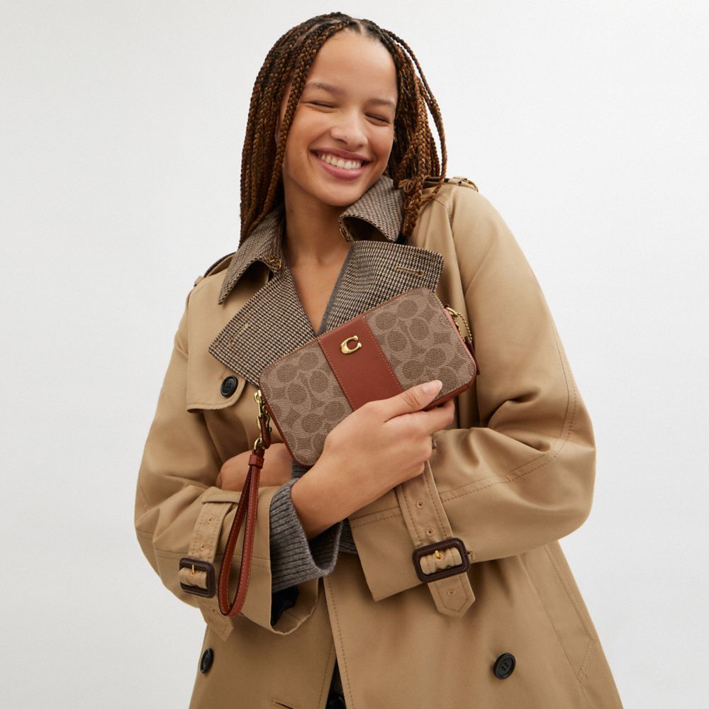 COACH®,Kira Crossbody Bag In Colorblock Signature Canvas,Leather,Canvas,Calf Hair,Wristlet,Crossbody,PVC,Color Block,Gold ...,,Detail View