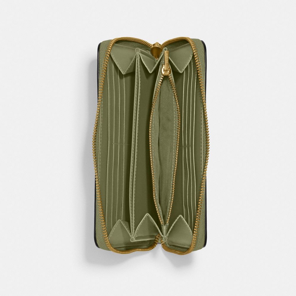 COACH®,Accordion Zip Wallet,Calfskin Leather,Leather,Continental,Metal,Logo,Casual,Olive,Inside View,Top View