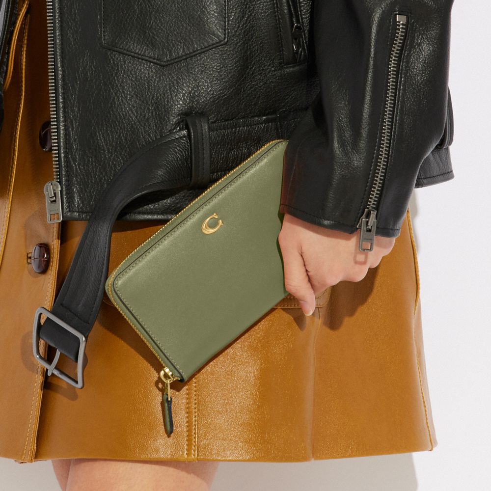 COACH®,Accordion Zip Wallet,Calfskin Leather,Leather,Continental,Metal,Logo,Casual,Olive,Detail View