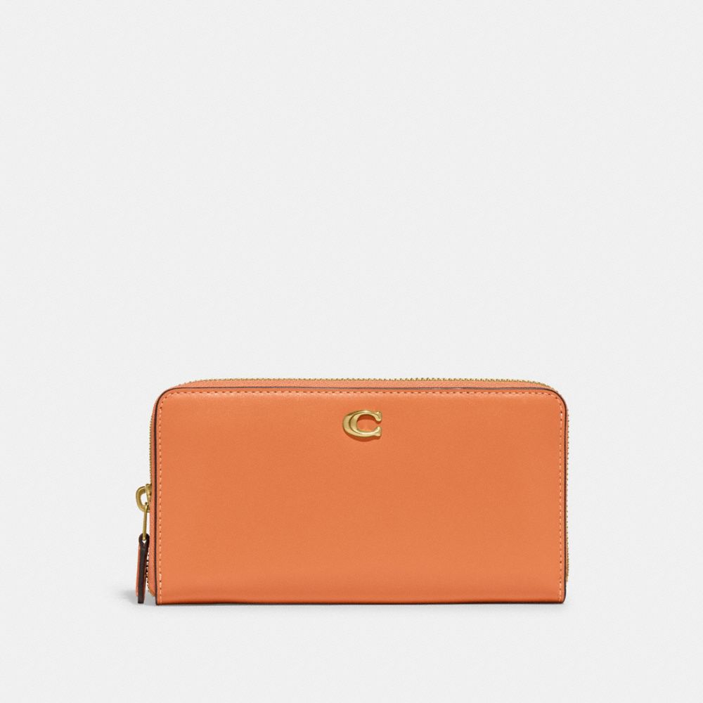 COACH®,Accordion Zip Wallet,Calfskin Leather,Continental,Metal,Logo,Casual,Orange,Front View