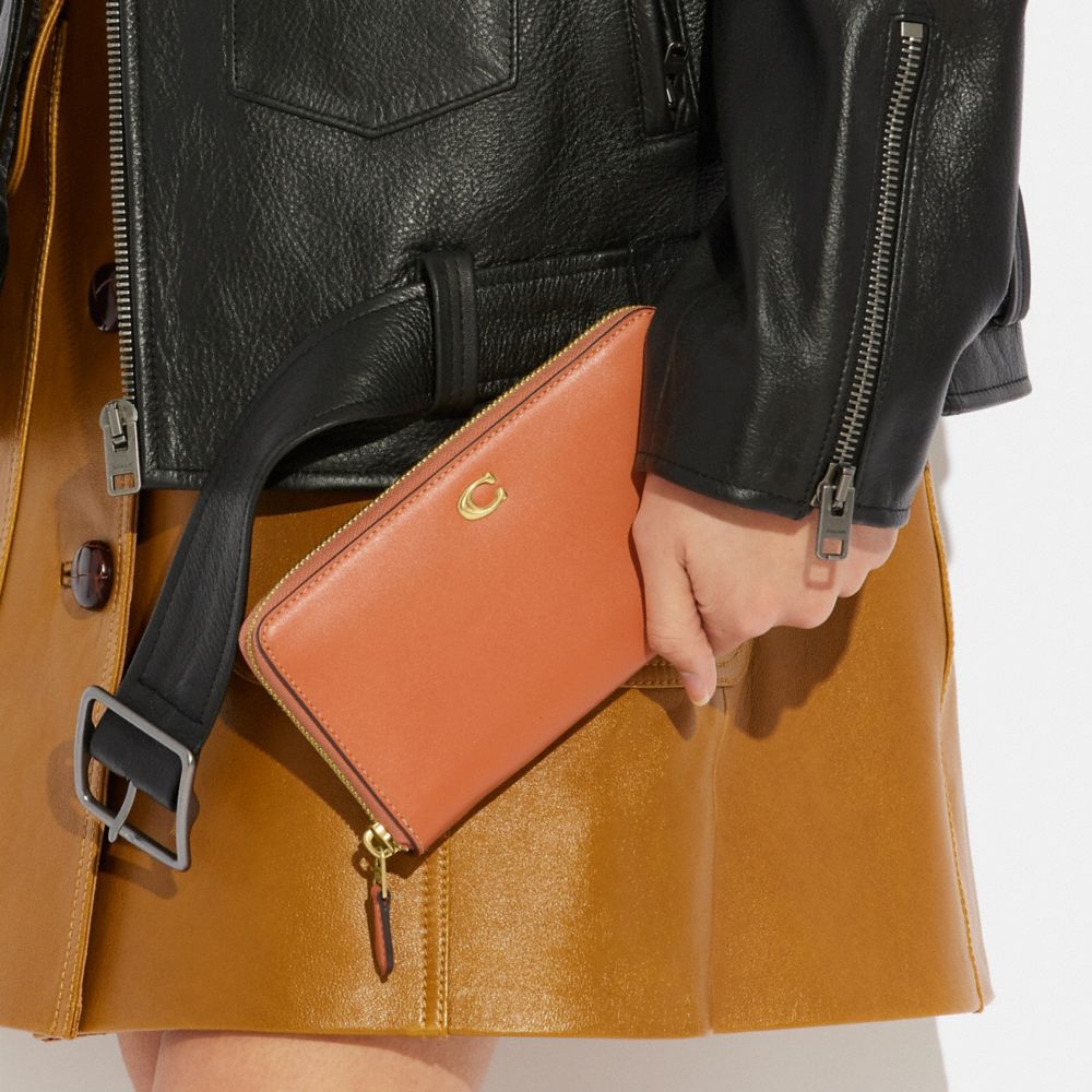 COACH®,Accordion Zip Wallet,Calfskin Leather,Continental,Metal,Logo,Casual,Orange,Detail View