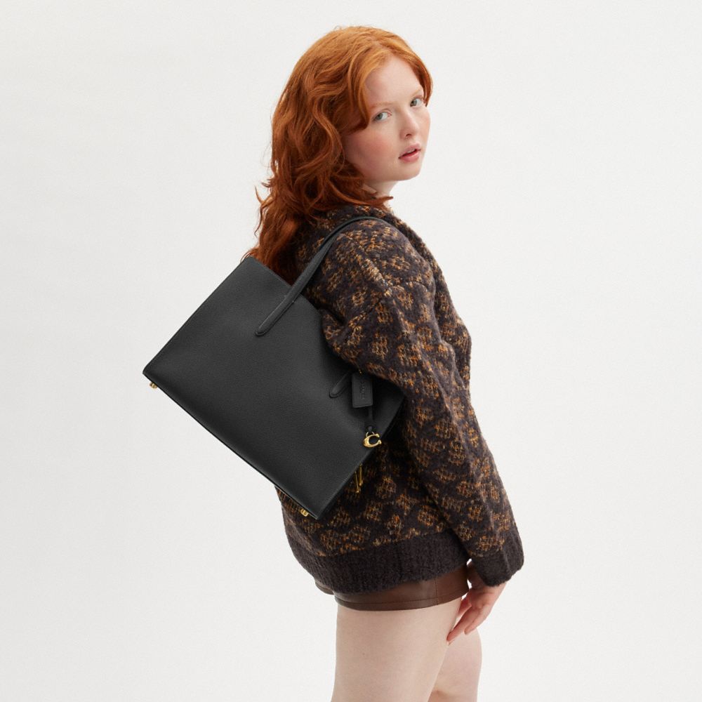 COACH®,Carter Carryall Bag,Leather,Tote,Logo,Metal,Gold Metal,Casual,Work,Black,Detail View