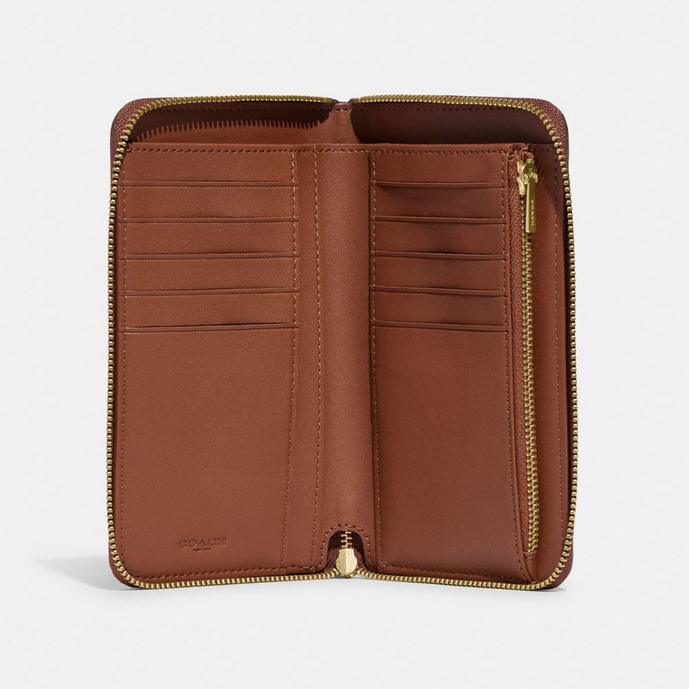 COACH®,MEDIUM ZIP AROUND WALLET,Refined Calf Leather,Mini,Brass/1941 Saddle,Inside View,Top View