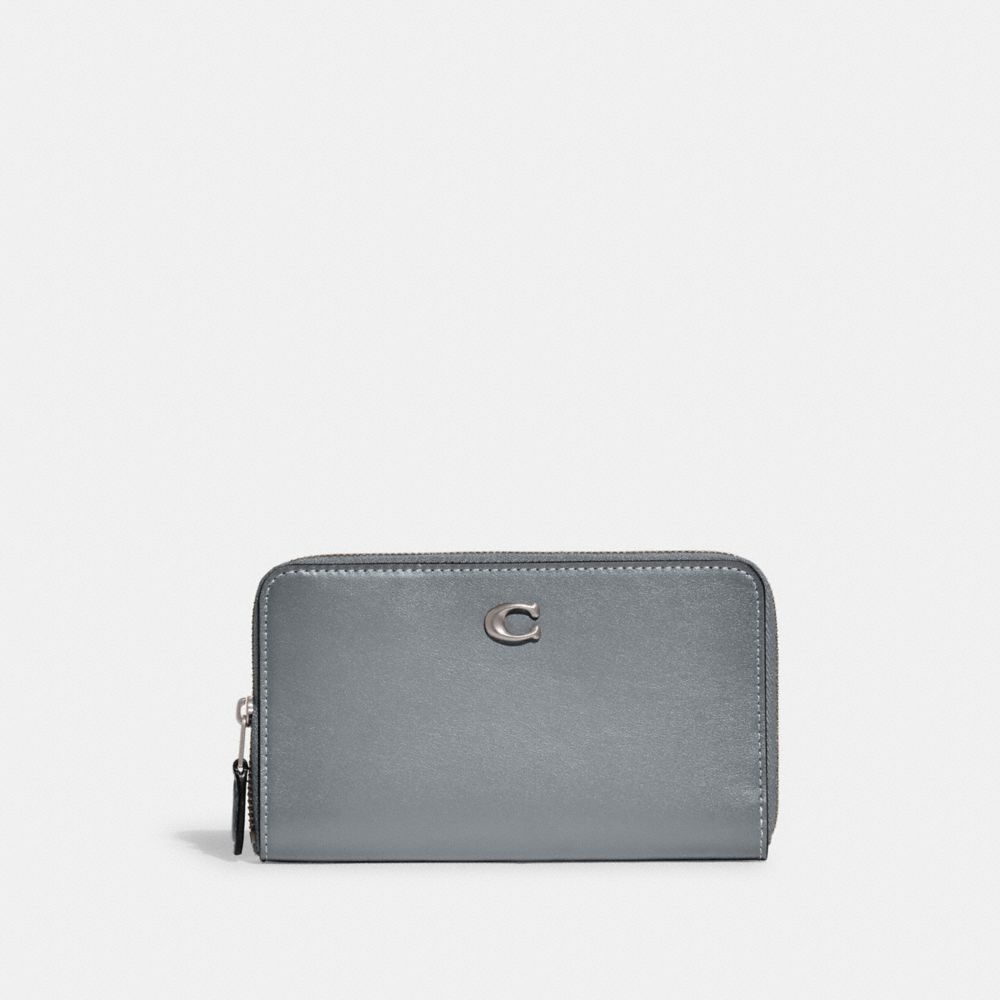 COACH®,MEDIUM ZIP AROUND WALLET,Refined Calf Leather,Mini,Silver/Grey Blue,Front View
