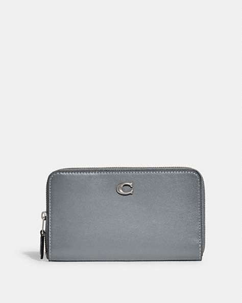 COACH®,MEDIUM ZIP AROUND WALLET,Refined Calf Leather,Mini,Silver/Grey Blue,Front View