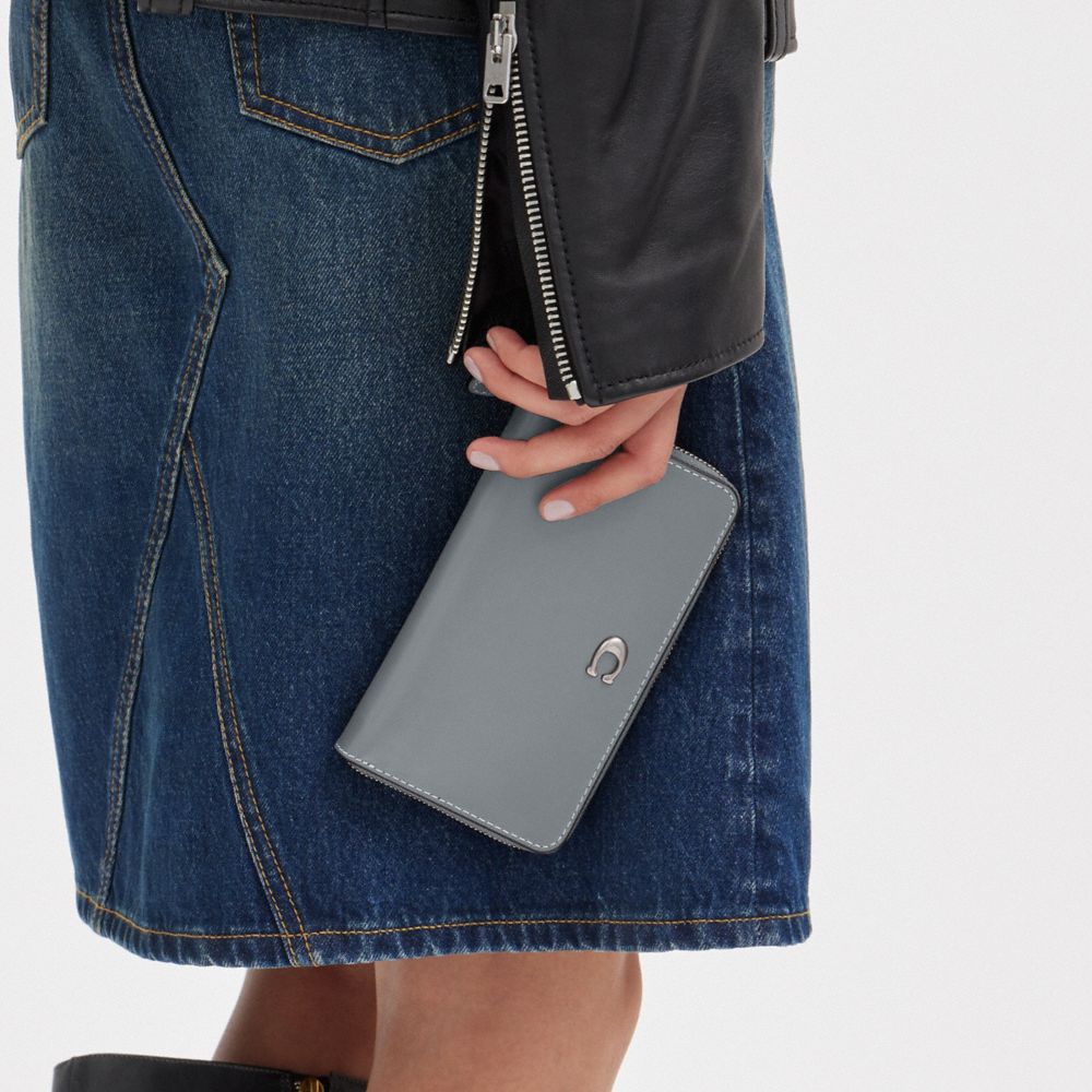 COACH®,Medium Zip Around Wallet,Calfskin Leather,Continental,Bi Fold,Logo,Metal,Casual,Gray,Detail View