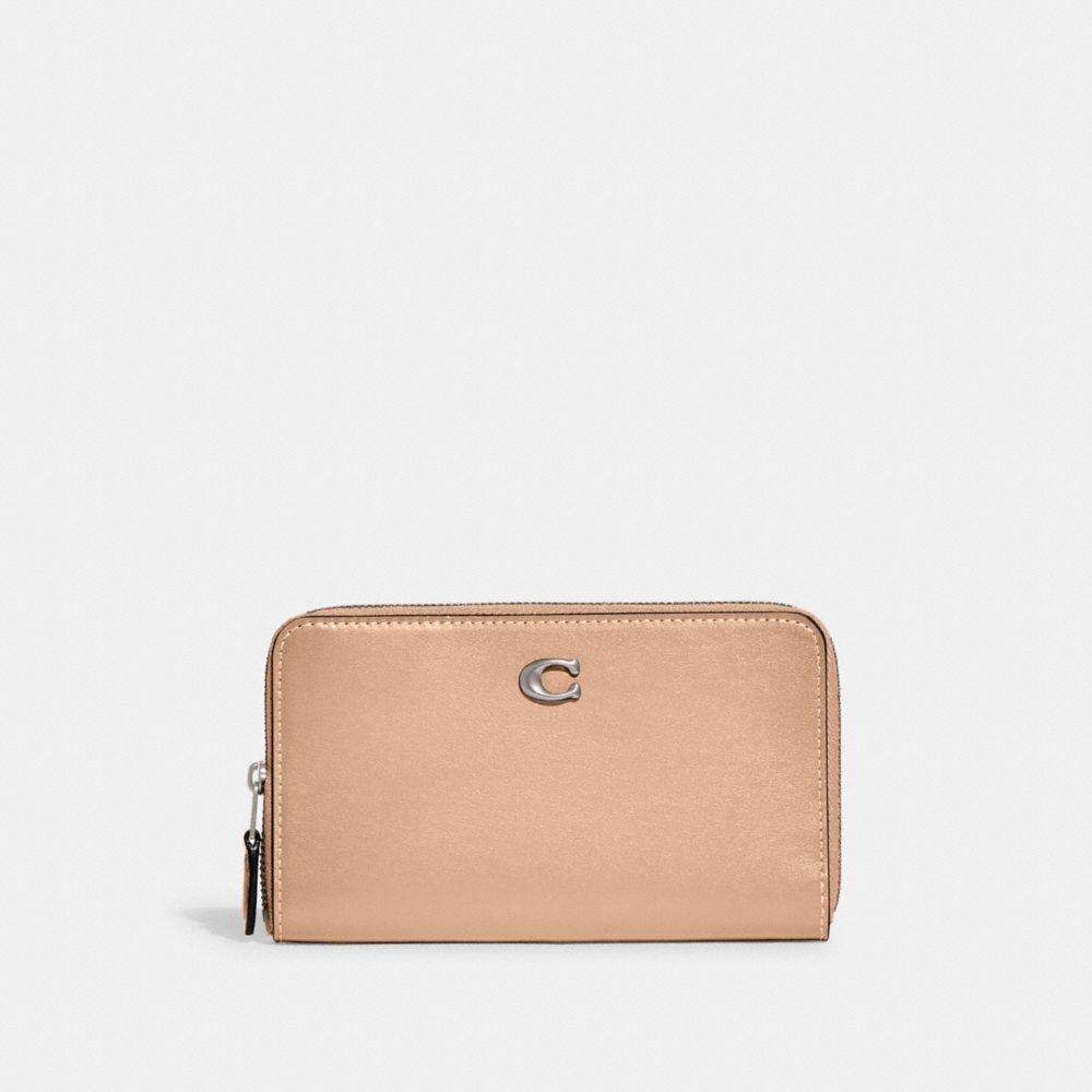 COACH®,MEDIUM ZIP AROUND WALLET,Refined Calf Leather,Mini,Silver/Buff,Front View