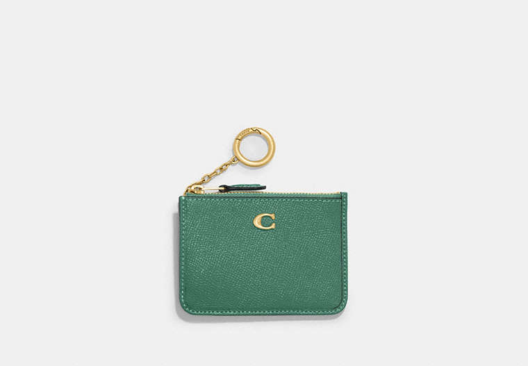 COACH®,MINI SKINNY ID CASE,Crossgrain Leather,Brass/Bright Green,Front View