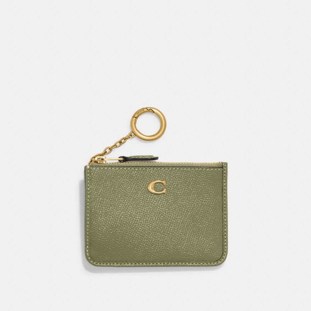 COACH®,MINI SKINNY ID CASE,Crossgrain Leather,Brass/Moss,Front View