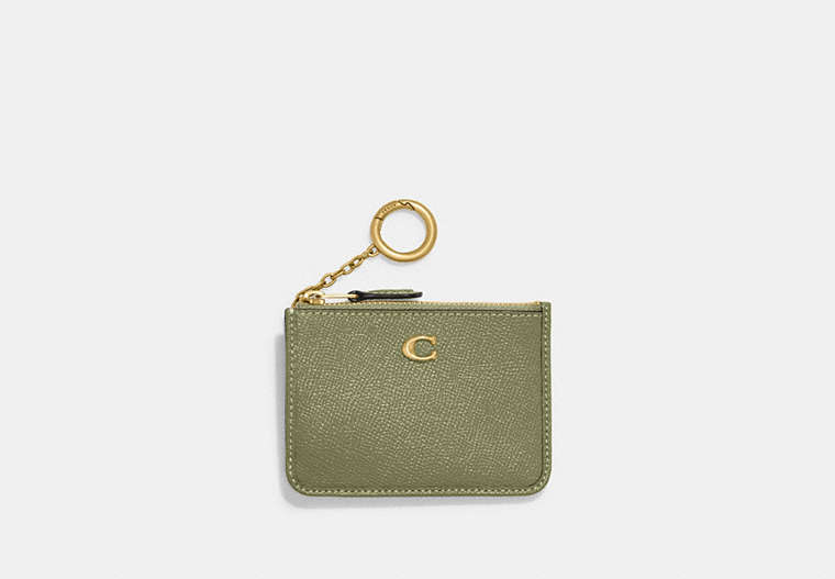 COACH®,MINI SKINNY ID CASE,Crossgrain Leather,Brass/Moss,Front View