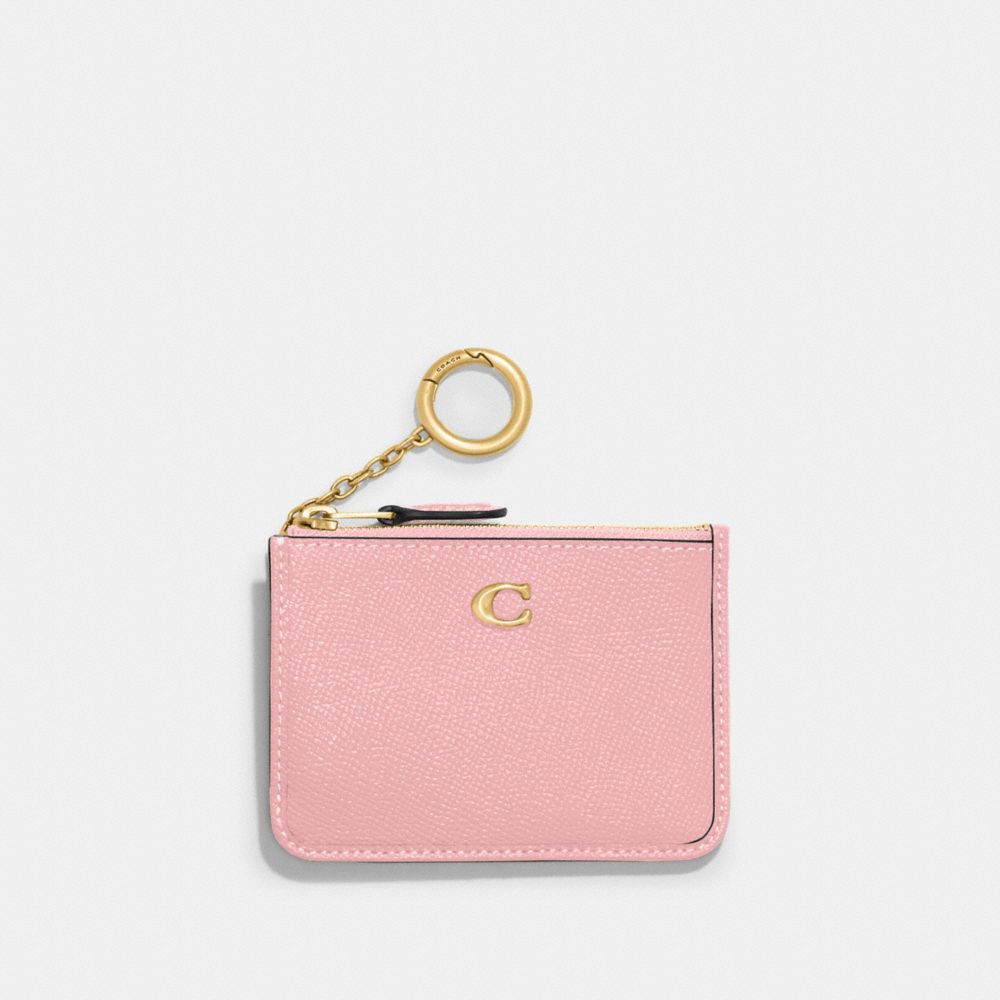 COACH®,Mini Skinny Id Case,Leather,Coin,Card Case,Metal,Logo,Key Ring,Scratch Resistant,Casual,Pink,Front View