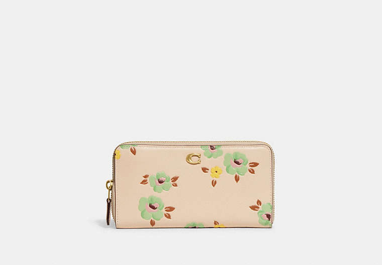 COACH®,ACCORDION ZIP WALLET WITH FLORAL PRINT,Refined Calf Leather,Floral,Brass/Ivory Multi,Front View