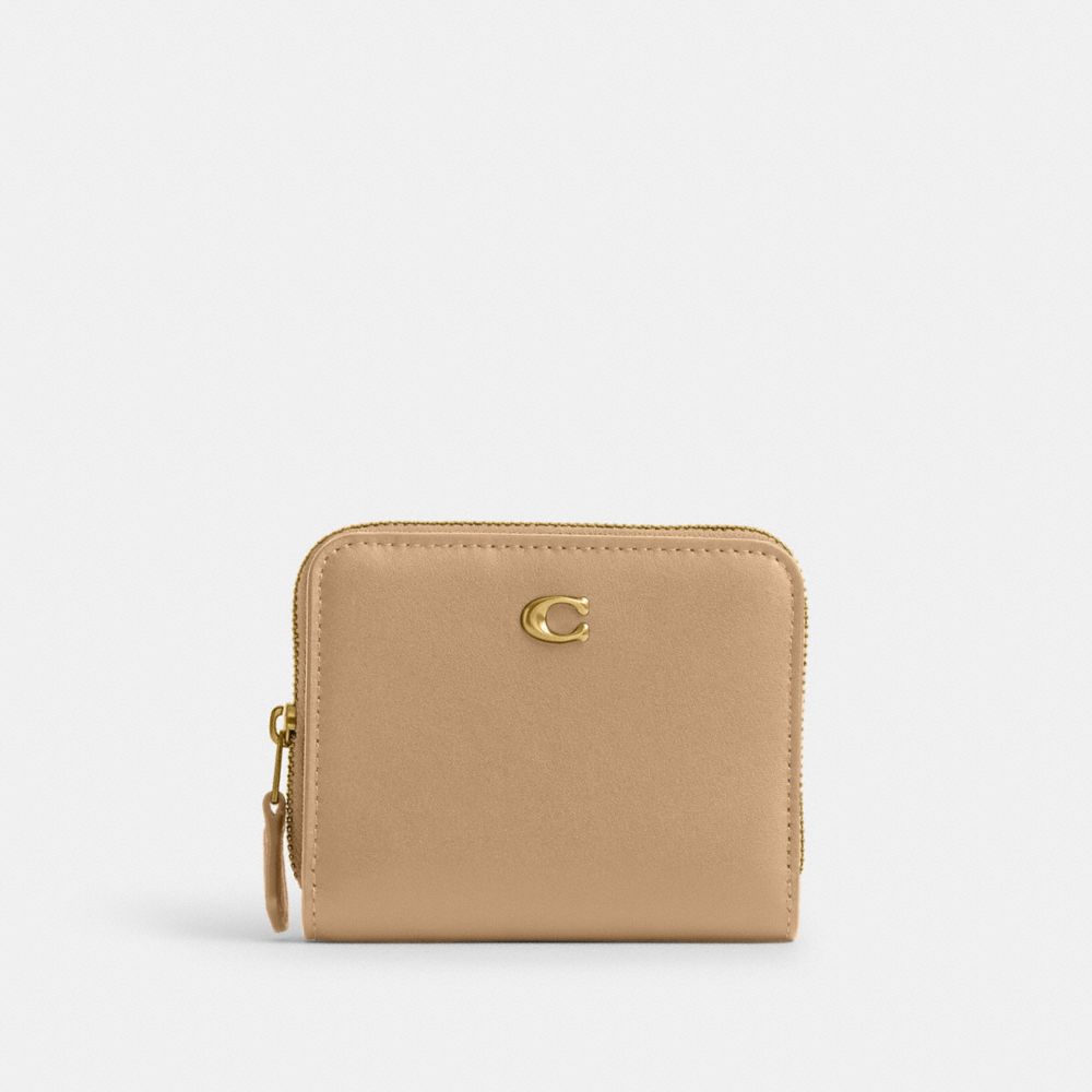 COACH®,BILLFOLD WALLET,Refined Calf Leather,Mini,Brass/Tan,Front View