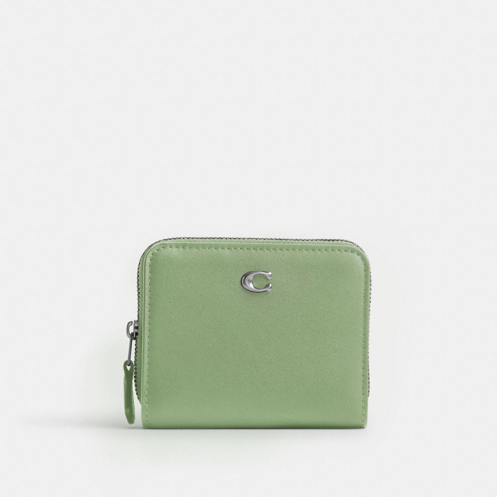 COACH®,BILLFOLD WALLET,Refined Calf Leather,Mini,Silver/Pale Pistachio,Front View