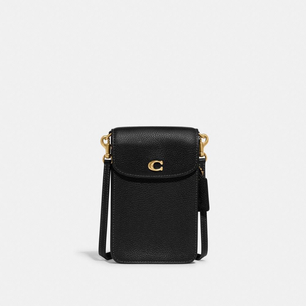 COACH®,PHONE CROSSBODY BAG,Refined Pebble Leather,Mini,Brass/Black,Front View