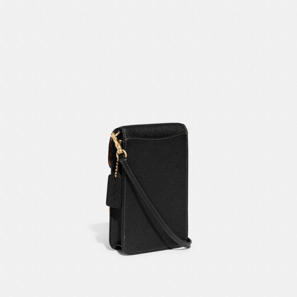 COACH®,PHONE CROSSBODY BAG,Refined Pebble Leather,Mini,Brass/Black,Angle View