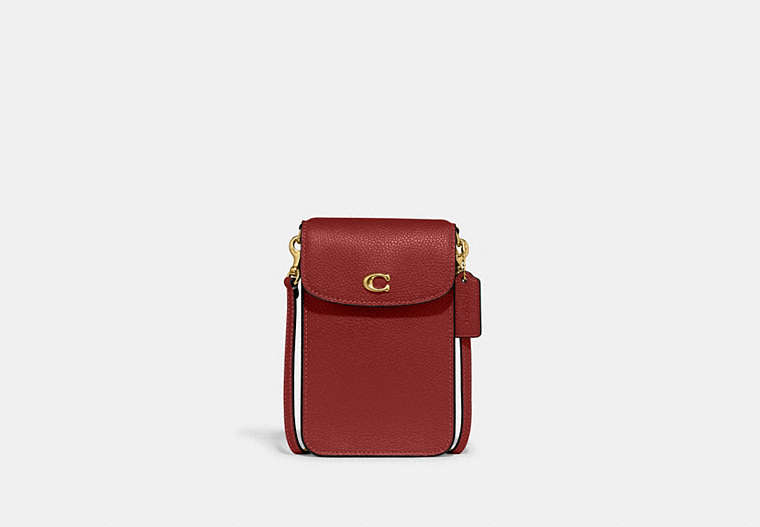 COACH®,PHONE CROSSBODY,Pebble Leather,Mini,Brass/Enamel Red,Front View