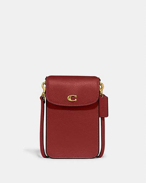 COACH®,PHONE CROSSBODY BAG,Pebble Leather,Mini,Brass/Enamel Red,Front View