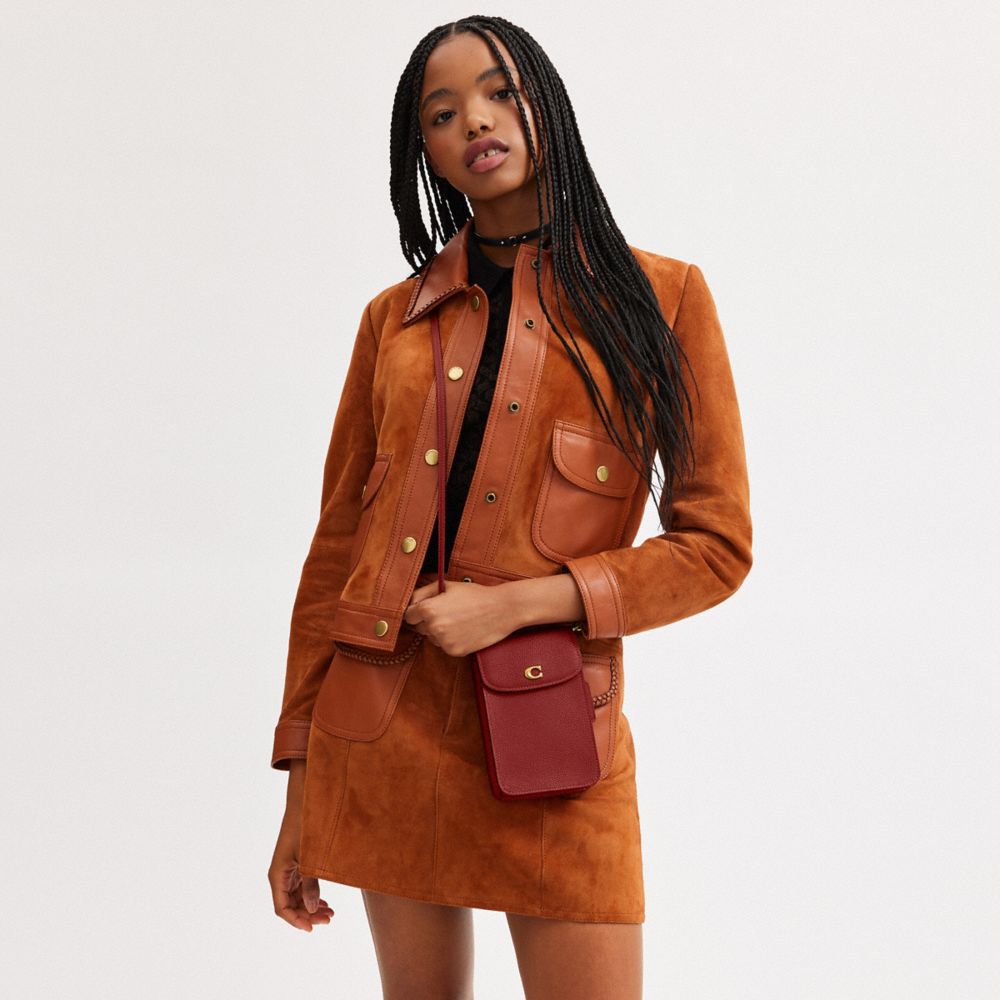 COACH®,Phone Crossbody Bag,Leather,Mobile Bag,Logo,Compact,Silver Metal,Casual,Maroon,Detail View