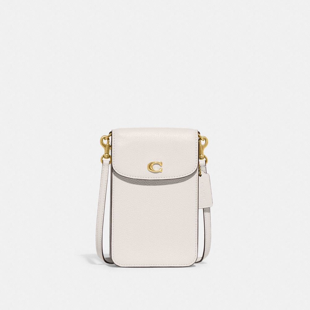 COACH®,PHONE CROSSBODY BAG,Refined Pebble Leather,Mini,Brass/Chalk,Front View
