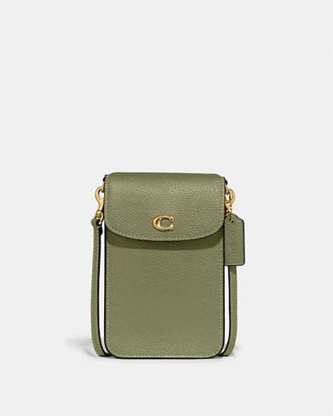 COACH®,PHONE CROSSBODY BAG,Pebble Leather,Mini,Brass/Moss,Front View