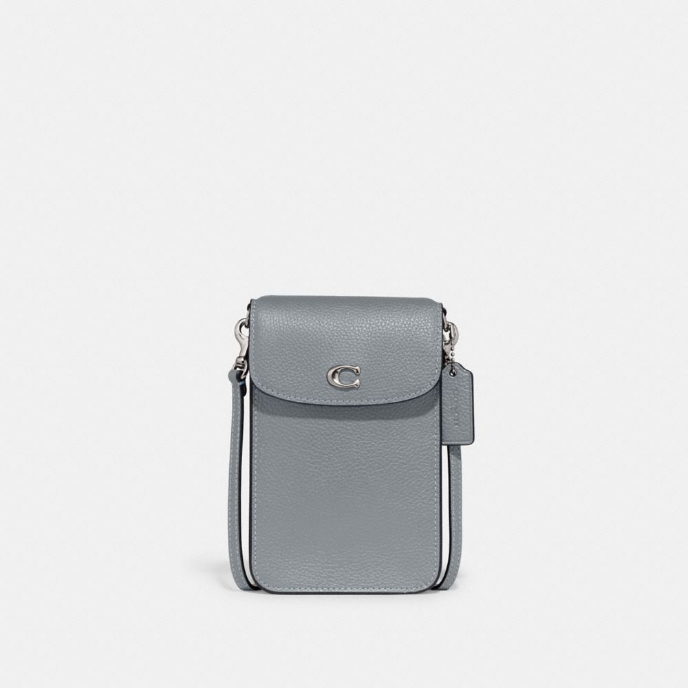 COACH®,PHONE CROSSBODY BAG,Refined Pebble Leather,Mini,Silver/Grey Blue,Front View image number 0