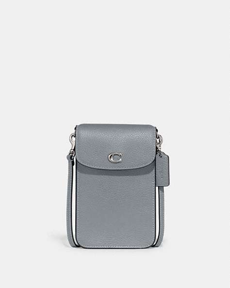 COACH®,PHONE CROSSBODY BAG,Pebble Leather,Mini,Silver/Grey Blue,Front View
