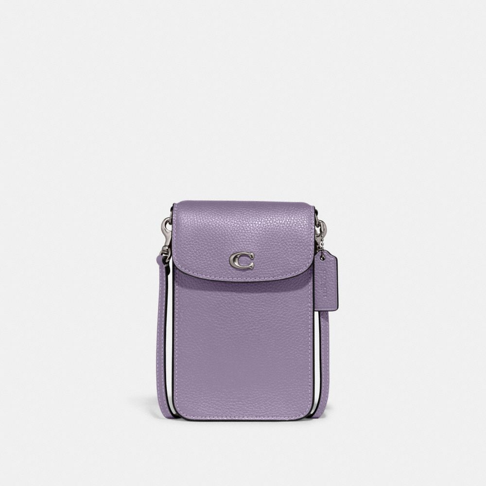 COACH®,Phone Crossbody Bag,Leather,Mobile Bag,Logo,Compact,Silver Metal,Casual,Lavender,Front View