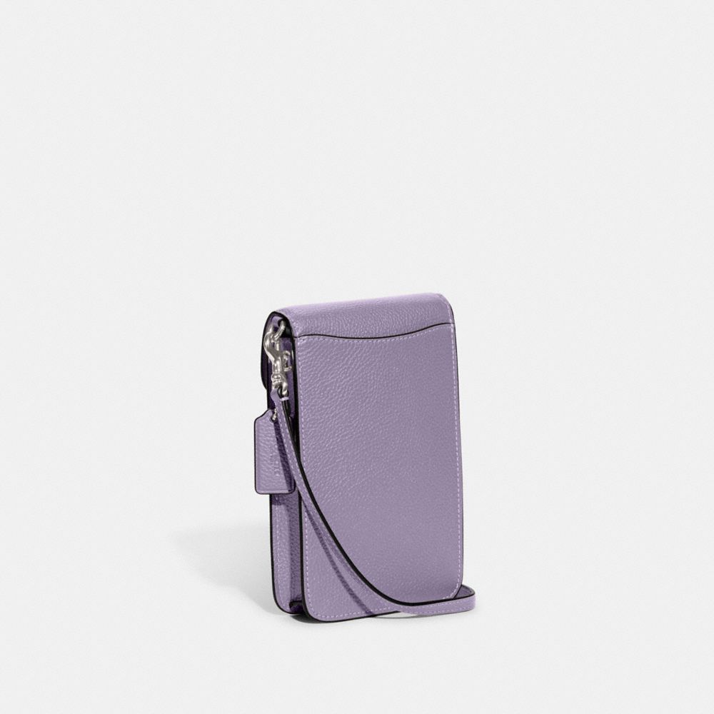 COACH®,Phone Crossbody Bag,Leather,Mobile Bag,No Embellishment,Compact,Silver Metal,Casual,Lavender,Angle View