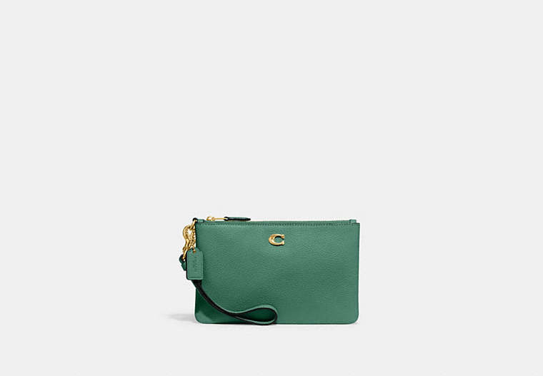 COACH®,SMALL WRISTLET,Polished Pebble Leather,Medium,Brass/Bright Green,Front View