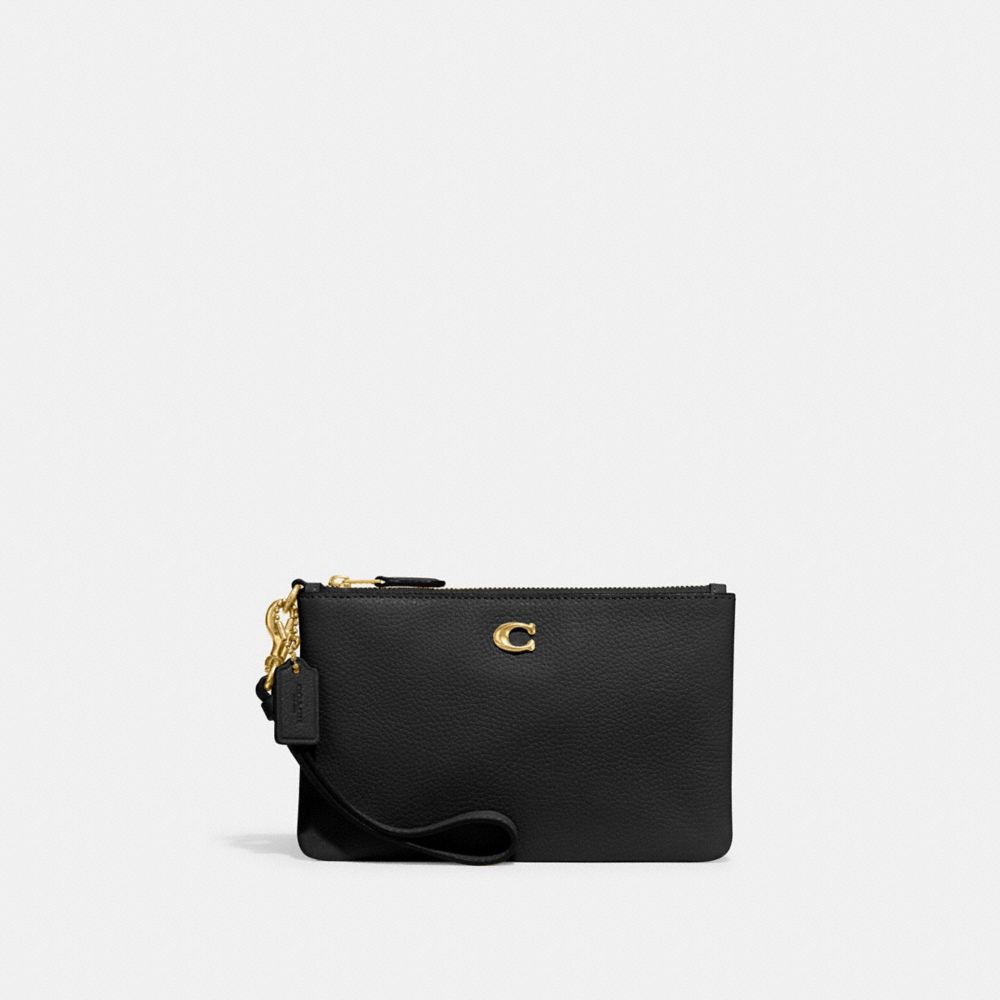 COACH®,Essential Small Wristlet,Leather,Wristlet,Pouch,Faux Leather,Logo,Metal,Embossed,Casual,Black,Front View