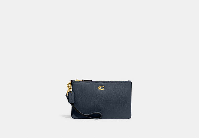 COACH®,SMALL WRISTLET,Polished Pebble Leather,Brass/Denim,Front View