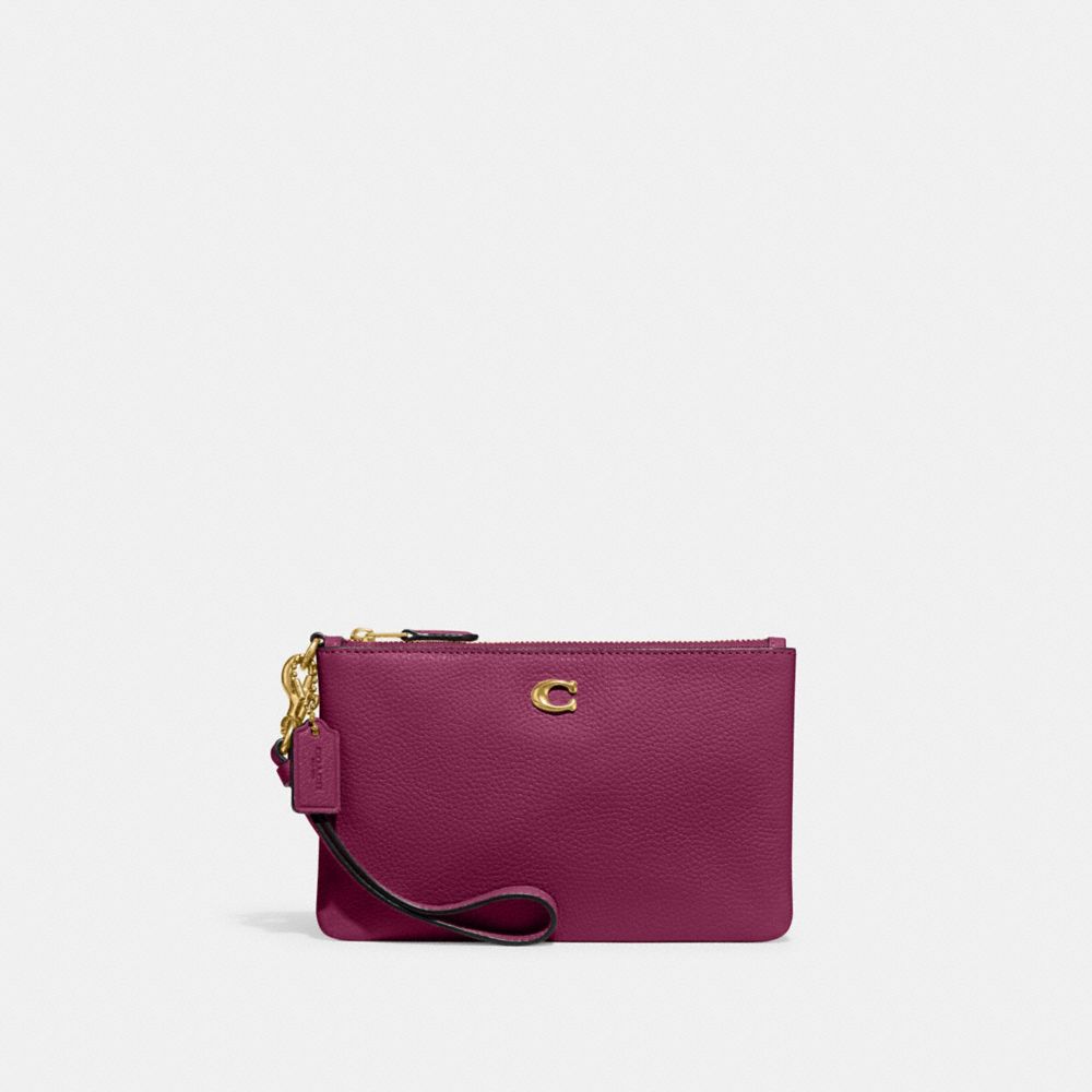 COACH®,SMALL WRISTLET,Polished Pebble Leather,Medium,Brass/Deep Plum,Front View