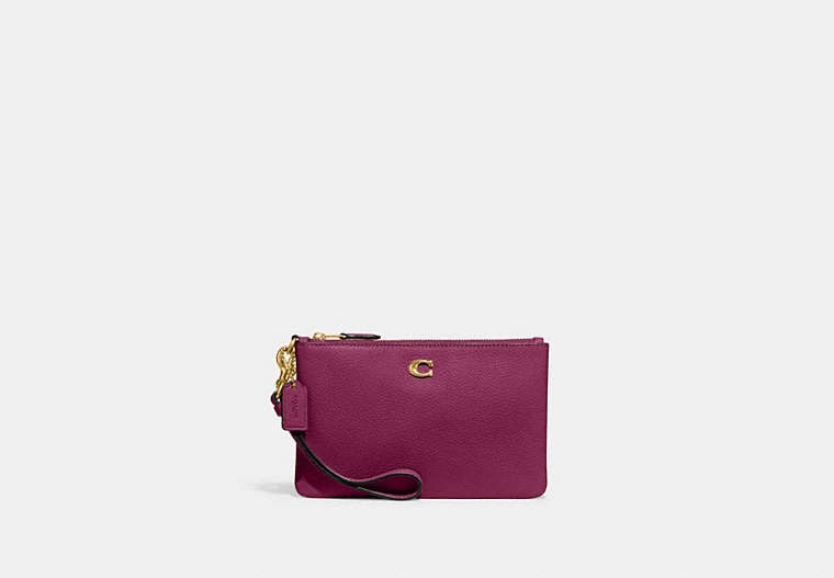 COACH®,SMALL WRISTLET,Polished Pebble Leather,Brass/Deep Plum,Front View