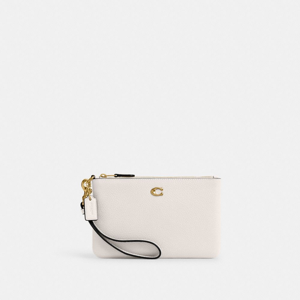 COACH®,Essential Small Wristlet,Leather,Wristlet,Pouch,Faux Leather,Logo,Metal,Embossed,Casual,White,Front View