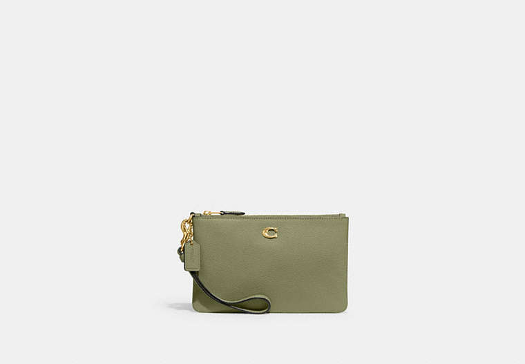 COACH®,SMALL WRISTLET,Polished Pebble Leather,Brass/Moss,Front View