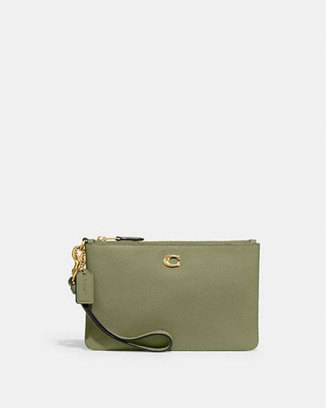 COACH®,SMALL WRISTLET,Polished Pebble Leather,Medium,Brass/Moss,Front View