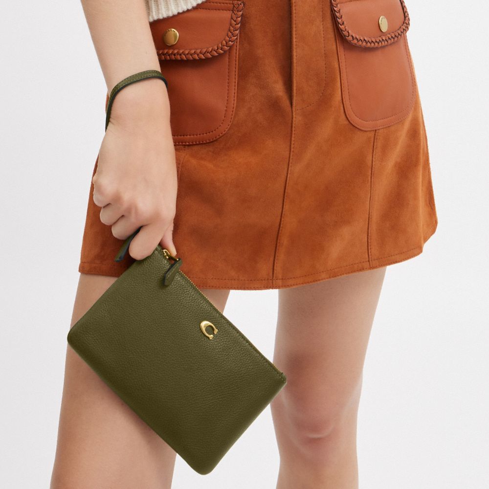 COACH®,Essential Small Wristlet,Leather,Wristlet,Pouch,Faux Leather,Metal,Logo,Casual,Olive,Detail View