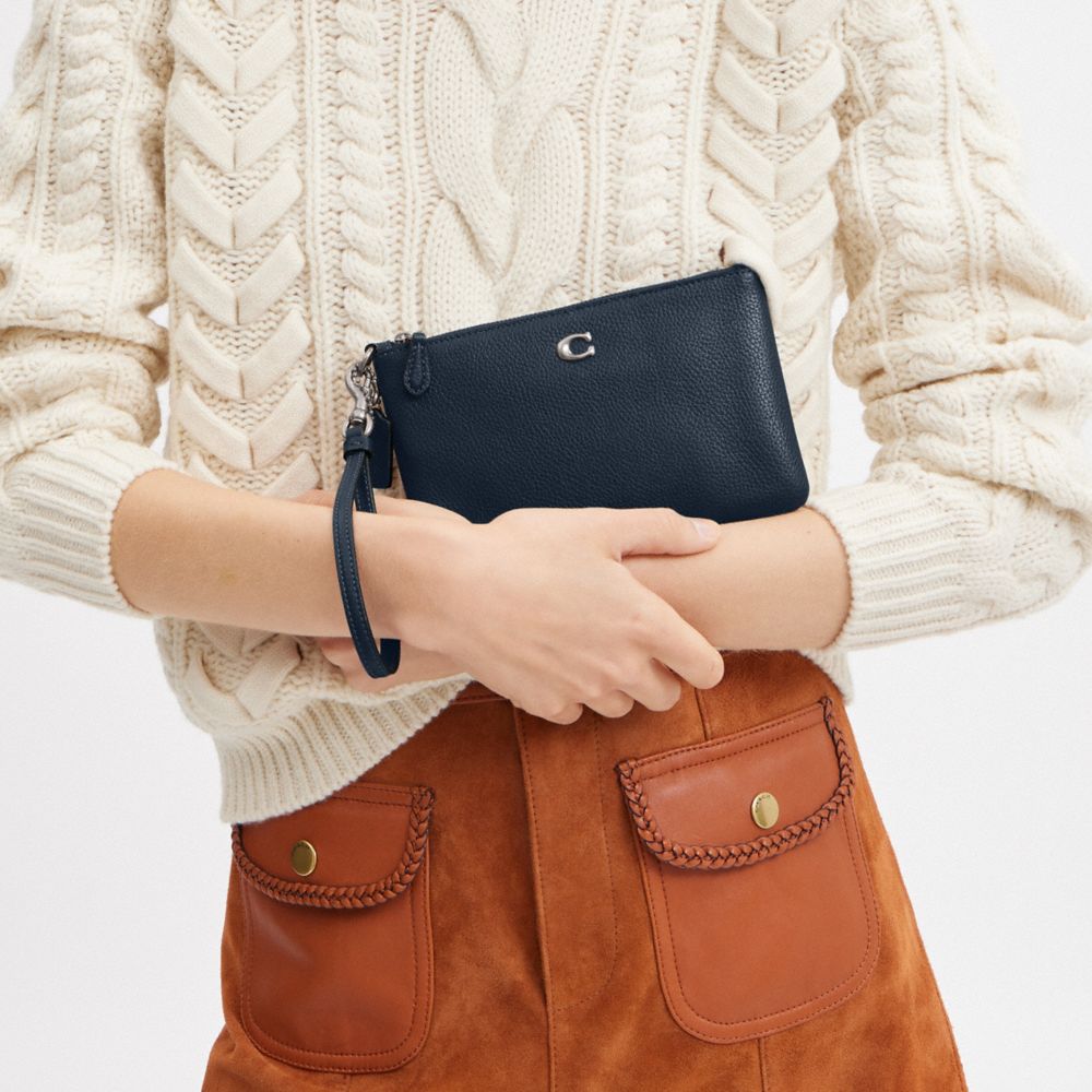 COACH®,Essential Small Wristlet,Leather,Wristlet,Pouch,Faux Leather,Metal,Logo,Casual,Navy,Detail View