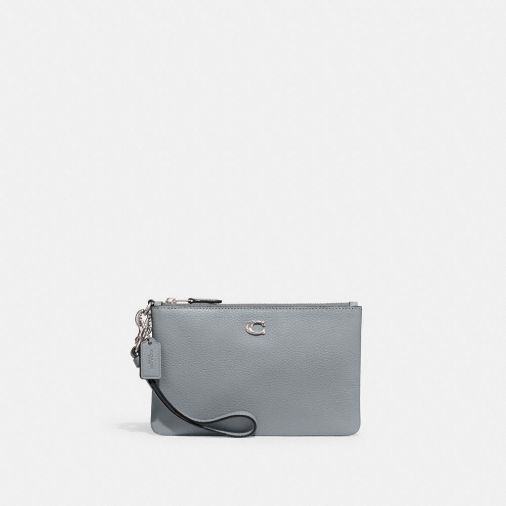 COACH®,SMALL WRISTLET,Polished Pebble Leather,Medium,Silver/Grey Blue,Front View