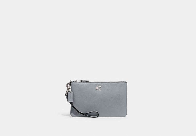 COACH®,SMALL WRISTLET,Polished Pebble Leather,Medium,Silver/Grey Blue,Front View