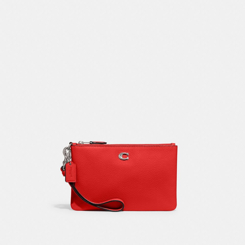 COACH®,SMALL WRISTLET,Polished Pebble Leather,Medium,Silver/Sport Red,Front View